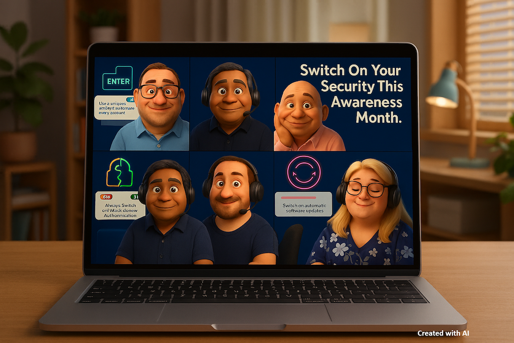 A laptop screen showing a virtual meeting with six animated characters, promoting cybersecurity awareness. The screen displays messages such as ‘Switch On Your Security This Awareness Month,’ ‘Use a unique and strong password for every account,’ and ‘Switch on automatic software updates.’ The setting is a warm, home office environment.
