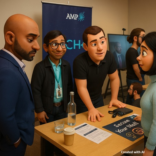 A group of people gathered around a table at a professional event or presentation, with a banner displaying “AMP” and materials related to securing digital wallets on the table.